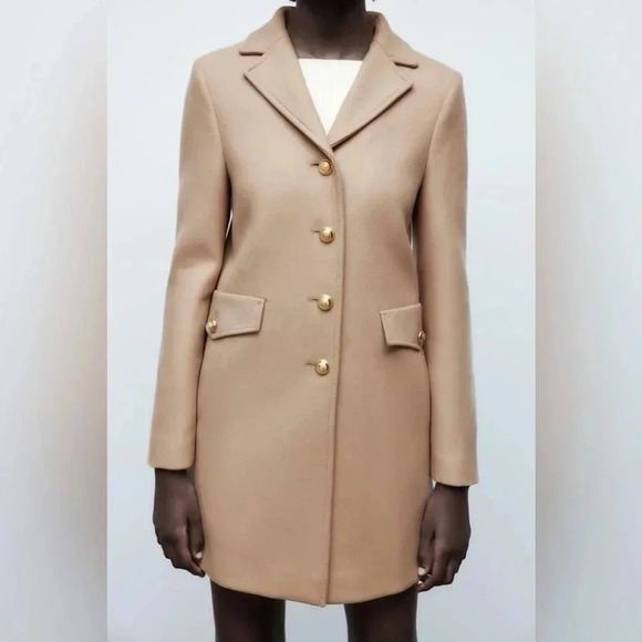 Zara Manteco Premium Wool Blend Tailored Camel Faux Fur Collar Coat - Picture 9 of 10